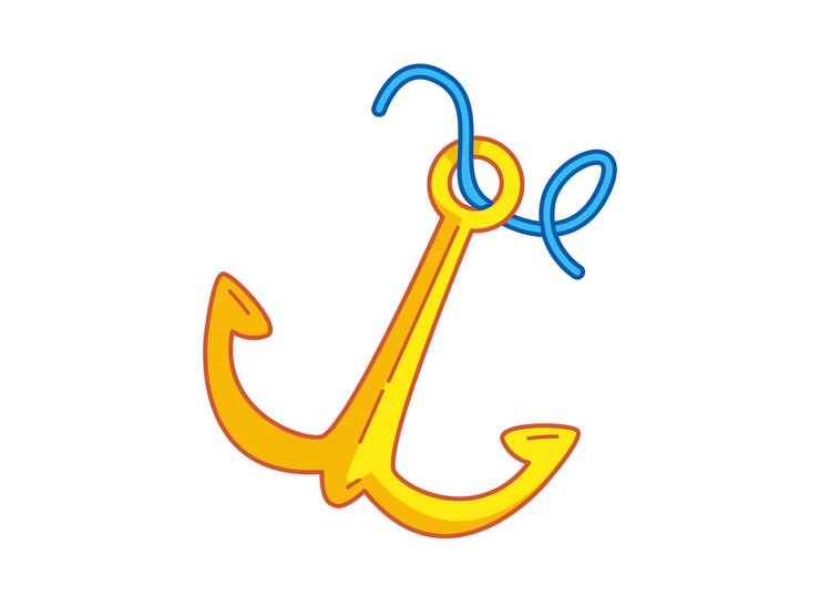 Vector ancla con cuerda, metal dorado. ilustración de vector de estilo infantil de dibujos animados. imágenes prediseñadas divertidas aisladas sobre fondo blanco. lindo estampado