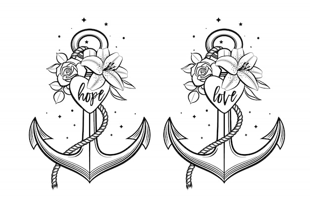 Ancla decorada con flores, corazón y letras de amor y esperanza.