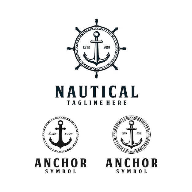 Vector ancla, diseño de logotipo hipster retro náutico con rueda de barco y cuerda circular