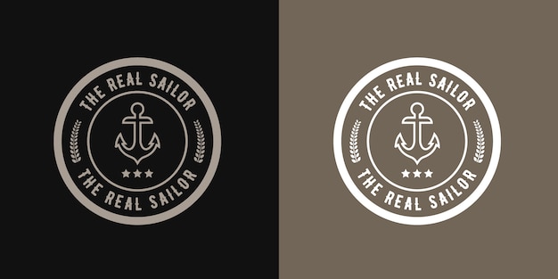 Ancla de logotipo de marinero redondo de estilo retro vintage, diseño náutico retro hipster con plantilla de rueda de barco