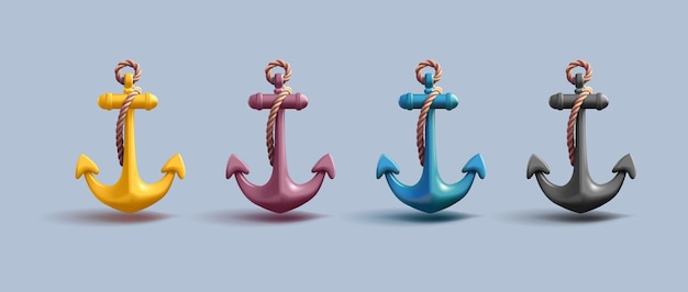 anclaje icono vectorial 3D conjunto de navegación retro anclaje con cuerda en diferentes colores render ilustración aislada