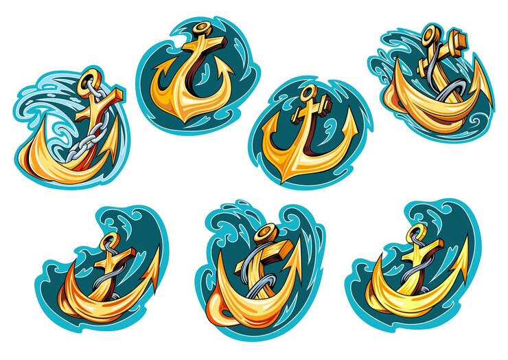 Anclas de dibujos animados amarillos en las olas del océano azul con cadenas y cuerdas para emblemas marinos o diseño de logotipos
