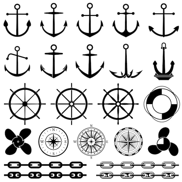 Anclas, timones, cadenas, cuerdas, nudos iconos vectoriales. elementos náuticos para diseño marino.