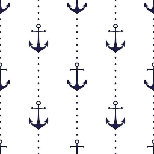 Áncoras y puntos azules oscuros sobre fondo blanco Patrón sin costuras vectorial Tema infantil marino