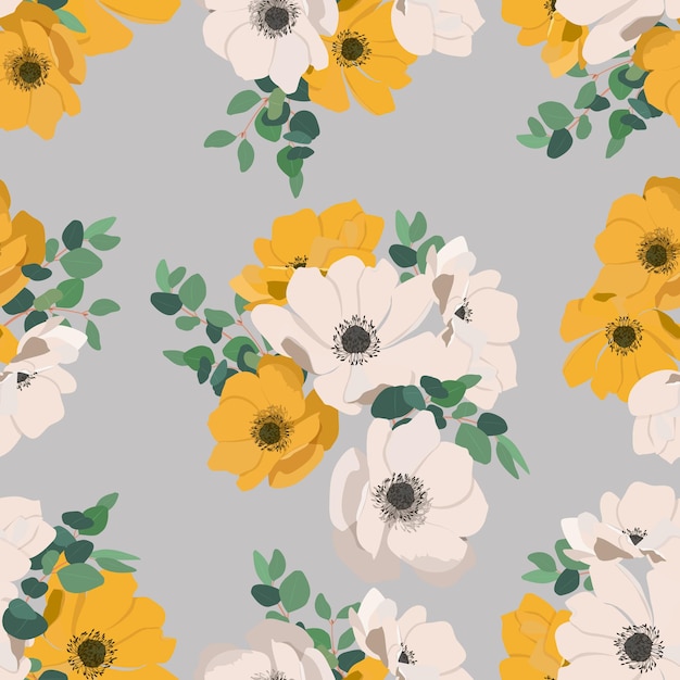 Anémona de flores amarillas blancas con follaje de hojas verdes sobre fondo gris Ilustración de vector transparente Para decoración de embalaje textil y papel tapiz