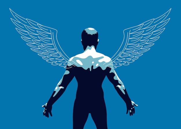 Vector Ángel alado con cuerpo musculoso fuerte vista posterior ilustración vectorial, concepto de ángel guardián, el poder del bien, fuerza del bien.