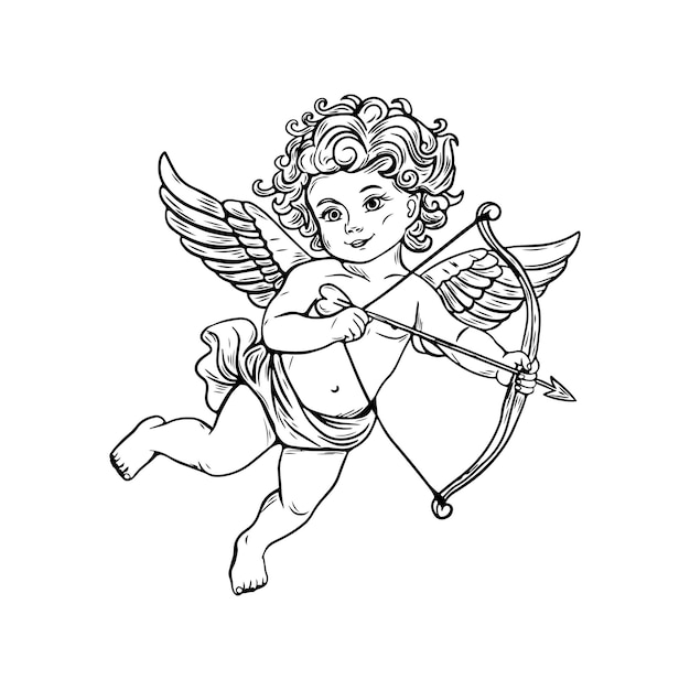 Ángel de amor Cupido en dibujo grabado aislado sobre fondo blanco
