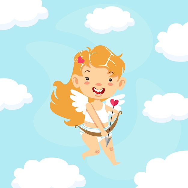 Ángel bebé Cupido que vuela en el cielo y dispara con el arco Ángel adorable querubín Personaje de dibujos animados Ilustración vectorial