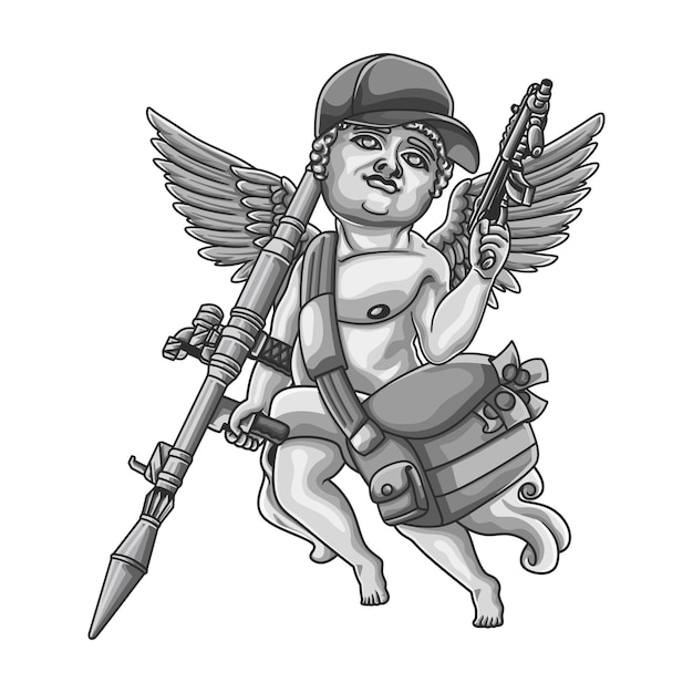 Ángel de bebé de vector libre con pistola y dinero de robo de banco con sombrero y joyas