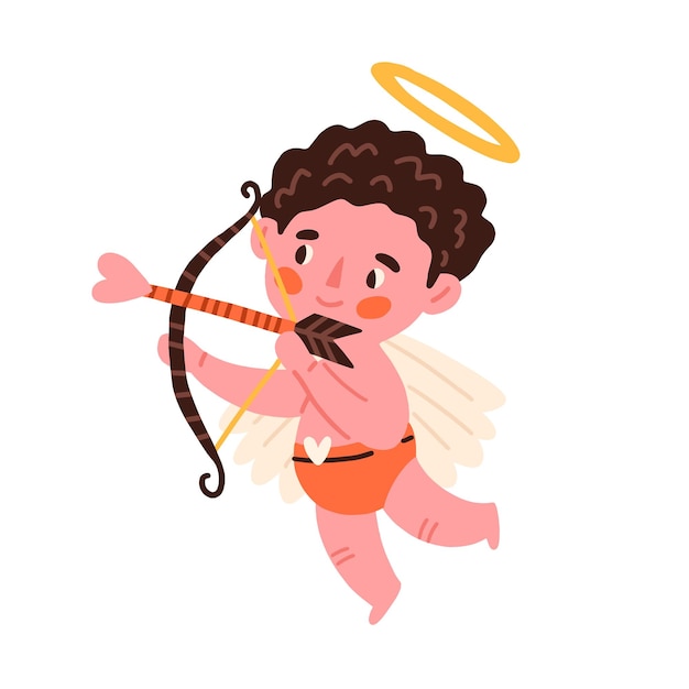 Ángel Cupido con flechas de corazón para San Valentín. Amor querubín, lindo bebé con arco, alas y halo. Tiro con arco de niño santo. Niño pequeño con nimbo. Ilustración de vector plano coloreado aislado sobre fondo blanco.