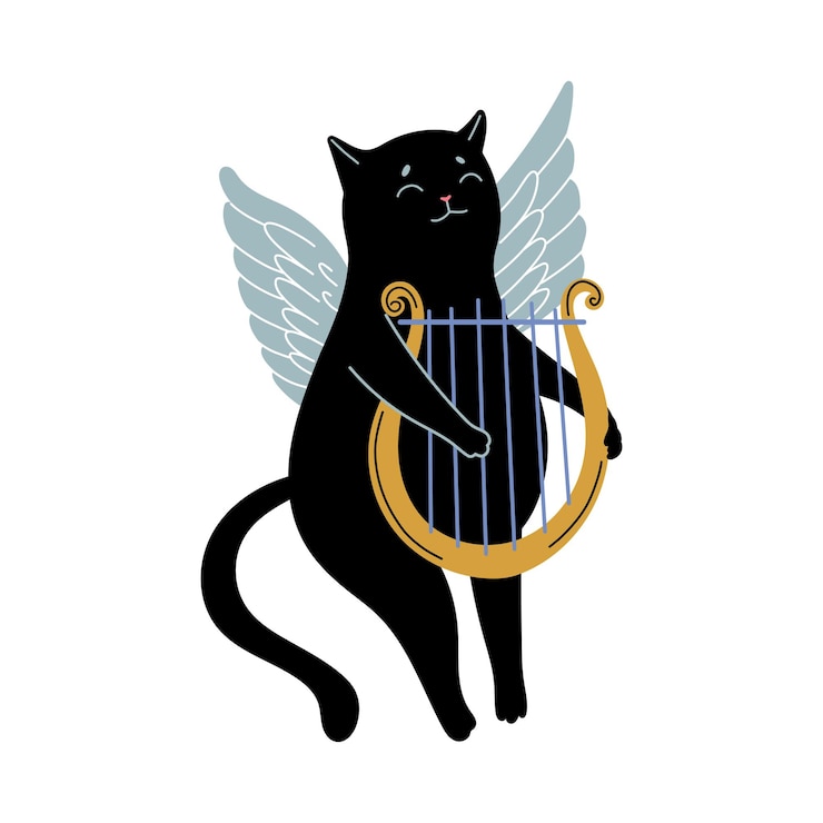 Vector angel cupido gato negro con lira