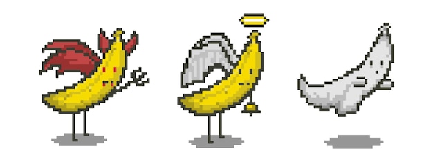 Ángel del Diablo Banana y figura fantasma arte de píxeles personaje de 8 bits ilustración vectorial aislada