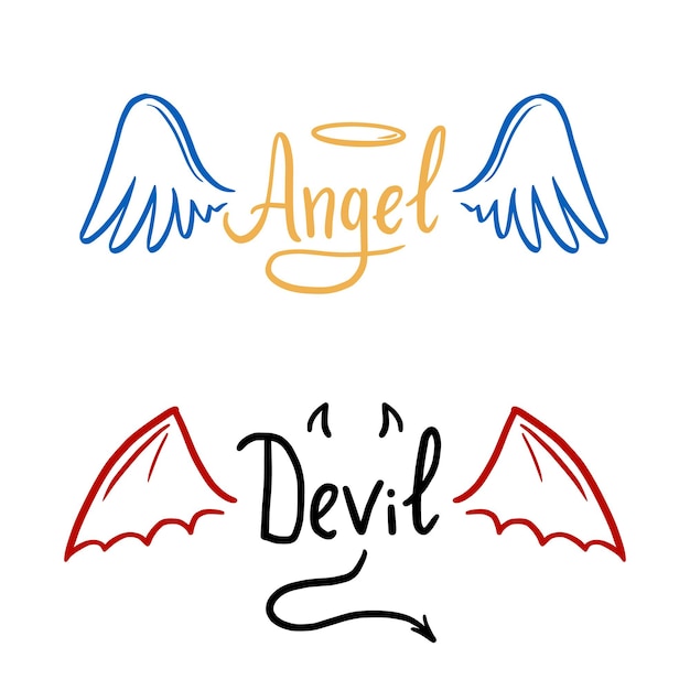 Ángel y diablo estilizado ilustración vectorial. ángel con ala, halo. diablo con ala y cola. estilo de dibujo de línea dibujada a mano.