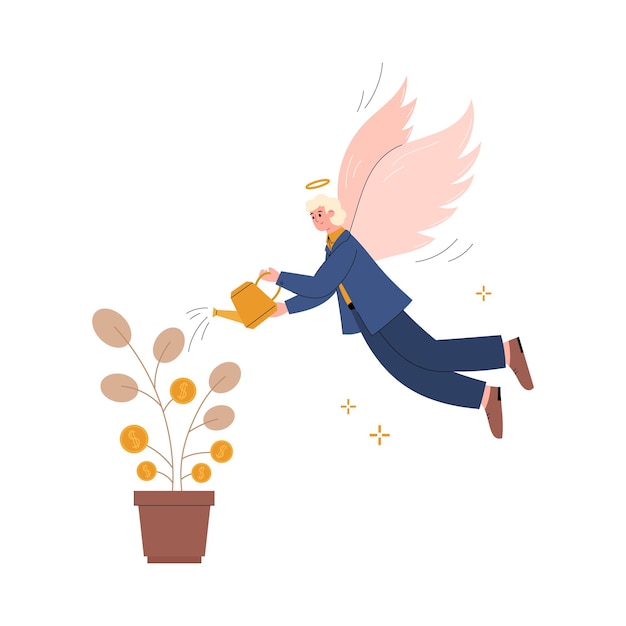 Ángel empresario volando riego dinero árbol plano vector ilustración aislado