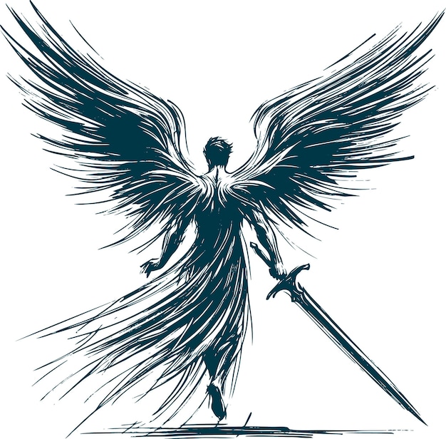 Ángel con espada y alas extendidas en silueta vista trasera
