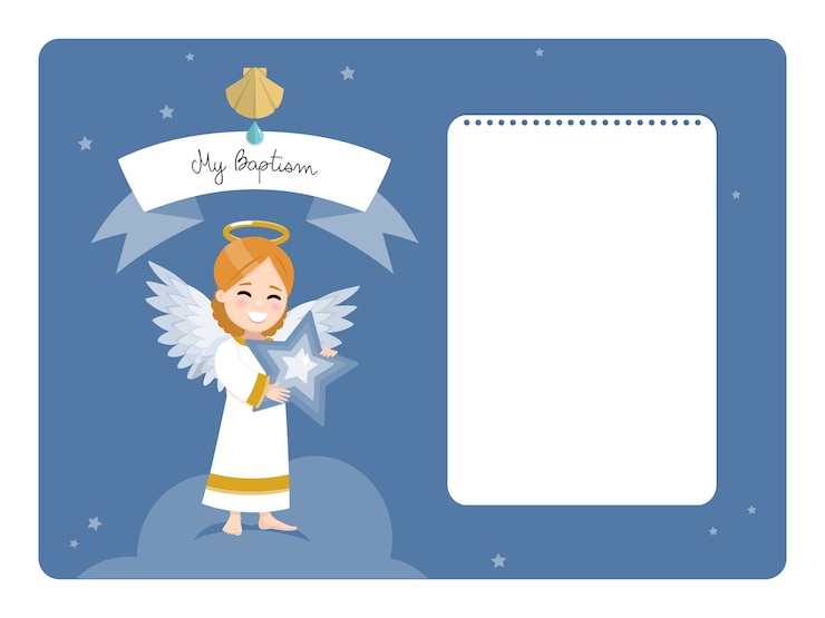 Vector ángel con una estrella azul. invitación horizontal de bautismo con mensaje. ilustración plana