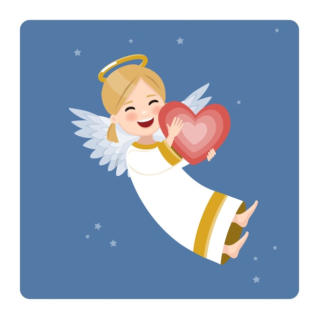 Ángel feliz con corazón rojo en el cielo azul y las estrellas. Ilustración vectorial plana