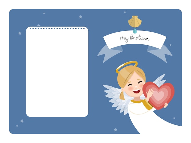 Ángel feliz con corazón rojo. Invitación horizontal de bautismo en cielo azul y estrellas. Ilustración vectorial plana