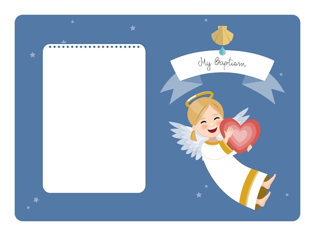 Ángel feliz con corazón rojo. Invitación horizontal de bautismo con mensaje. Ilustración vectorial plana