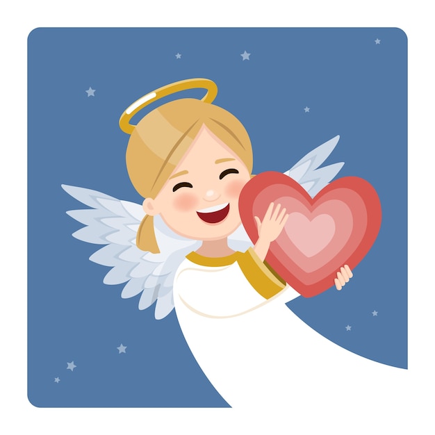 Ángel feliz de primer plano con corazón rojo en el cielo azul y las estrellas. Ilustración vectorial plana