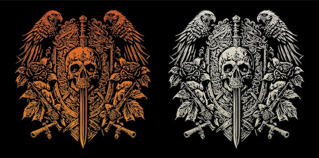 Ángel de la muerte con águila y una calavera con una espada y una calavera con una espada y una flor