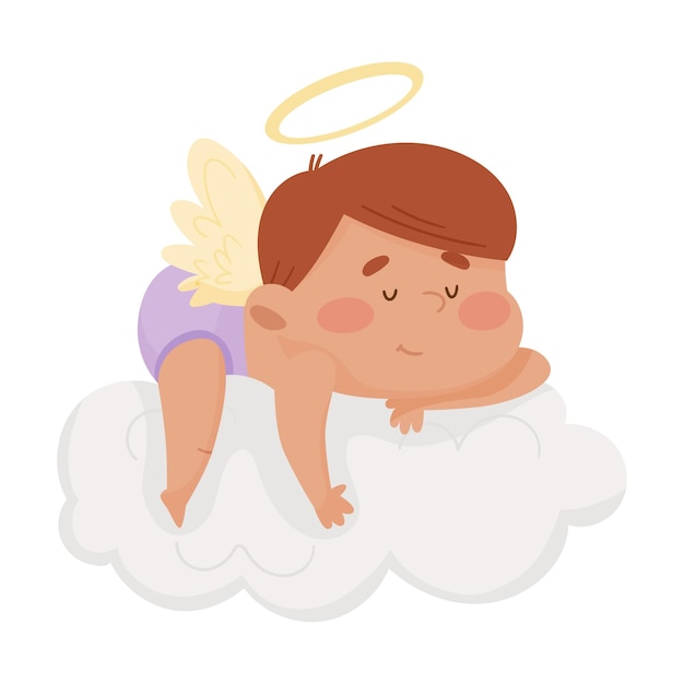 Vector Ángel niño lindo con nimbus dorado y alas durmiendo en la ilustración vectorial de nubes suaves