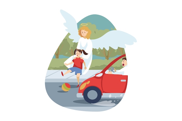 Vector Ángel personaje religioso bíblico salvando a una niña de la muerte por accidente de coche.