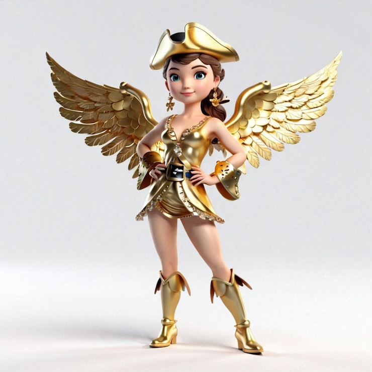 Vector ángel pirata con vestido de oro con cuerpo humano de fondo blanco