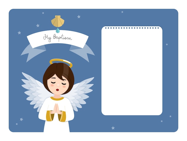 Ángel rezando. Invitación horizontal de bautismo en cielo azul y estrellas. Ilustración vectorial plana