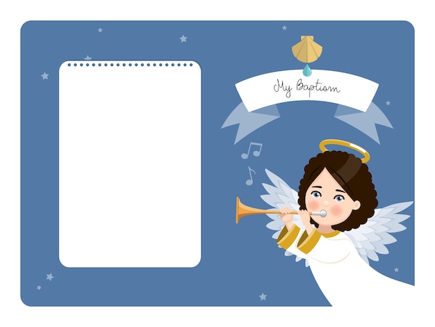 Ángel tocando la trompeta. Mi invitación horizontal de bautismo en el cielo azul y las estrellas. Ilustración vectorial plana