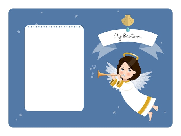 Ángel tocando la trompeta. Mi invitación horizontal de bautismo con mensaje. Ilustración vectorial plana