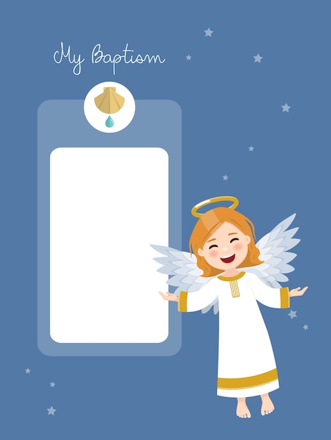 Ángel volador. Invitación de bautismo con mensaje sobre fondo de cielo azul y estrellas. Ilustración plana