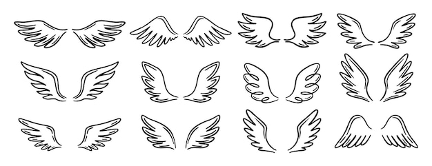 Angel wing doodle icono dibujado a mano conjunto de dibujos de contorno de alas de ángel línea colección de símbolos clipart