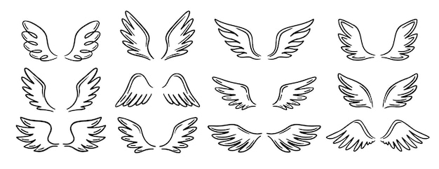 Angel wing doodle set de iconos dibujados a mano Contorno de dibujos de alas de ángeles línea colección de símbolos de clipart