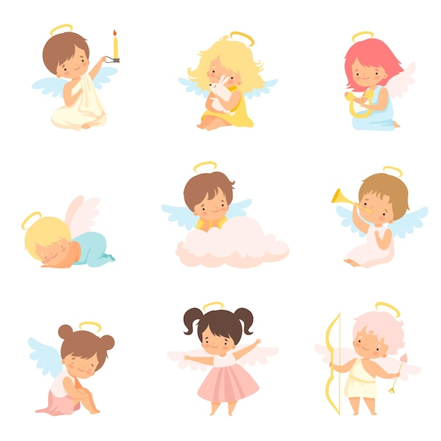 Ángeles bebés lindos con nimbus y alas Adorables niños y niñas Personajes de dibujos animados en trajes de ángel Ilustración vectorial en fondo blanco