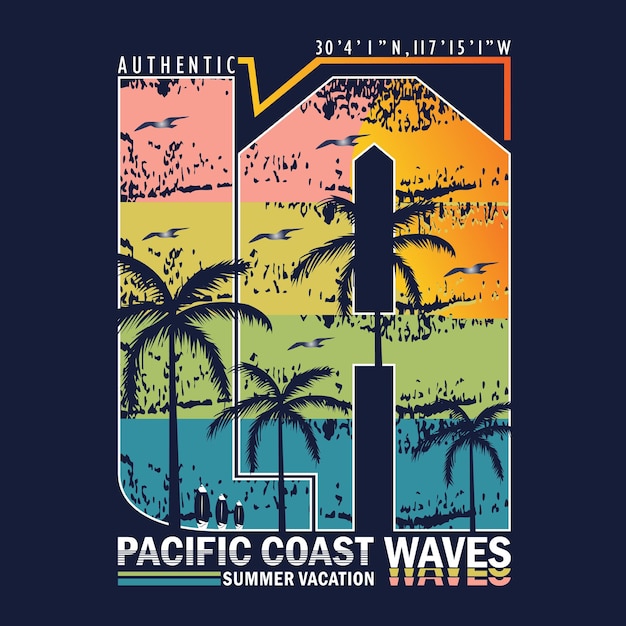 Los ángeles costa del pacífico tee tipografía diseño gráfico ilustración arte vectorial vintage