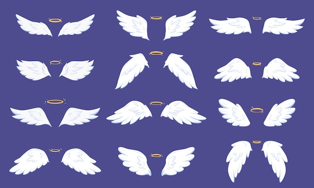 Ángeles de dibujos animados con alas planas Ángeles de alas y nimbus brillantes Elementos del cielo santo que brillan bonitos Símbolos de pájaros de mosca simples Gráficos vectoriales cómodos