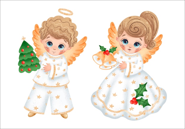 Ángeles de dibujos animados lindo niño y niña con un árbol de navidad, campanas y estrellas en conjunto de ropa blanca