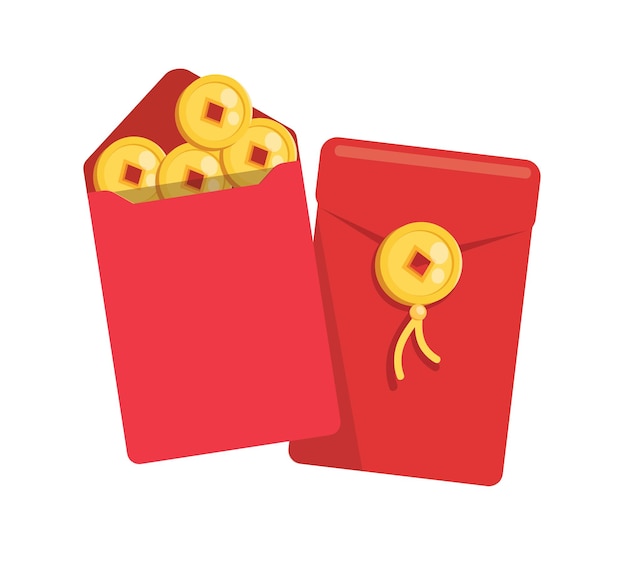 Angpao año nuevo chino con sobre rojo y dinero de oro