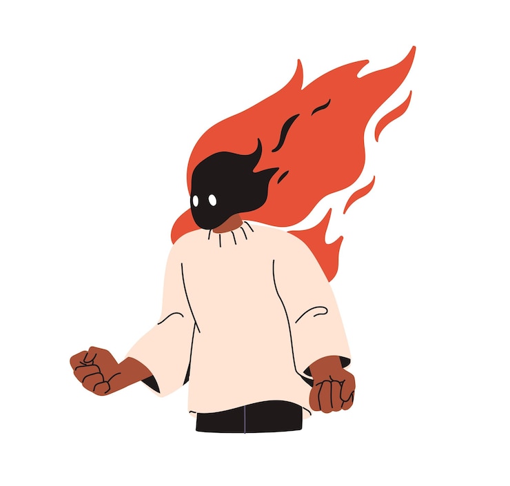Vector angry aggressive irritated character with head in fire rage anger and frustration emotion hysteria emotional tension tantrum outburst flat vector illustration isolated on white background
