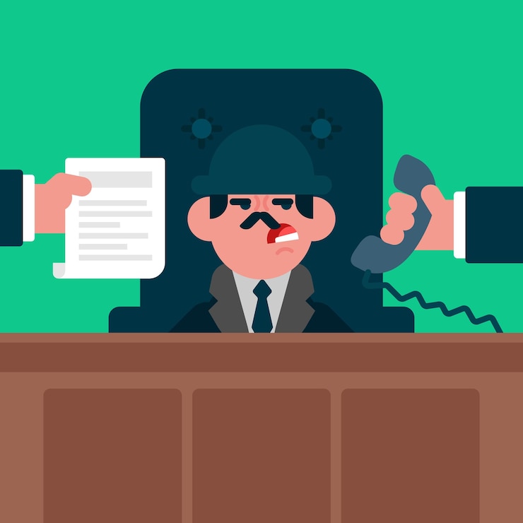 Vector angry businessman sentado en su oficina y da instrucciones al personal, el empleado da el teléfono