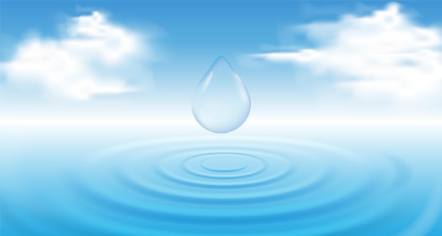 Vector Ángulo de vista frontal de la ondulación del agua de la gota de lluvia sobre fondo azul limpio con cielo nublado