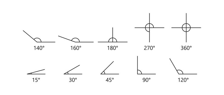 Vector ángulos geométricos ilustración vectorial grados 30 35 45 60 90 120 180 270 360 dibujar lápiz de dibujo círculo obtuso agudo concepto de geometría icono de conjunto negro vectorial sobre un fondo blanco