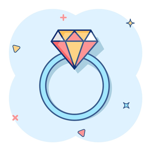 Anillo de compromiso de dibujos animados de vector con icono de diamante en estilo cómico pictograma de ilustración de anillo de joyería de boda concepto de efecto de salpicadura de negocio de relación romántica