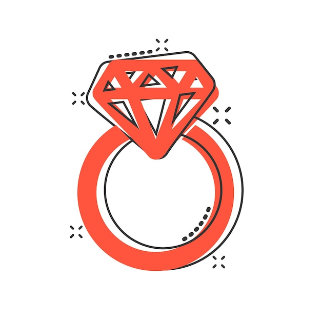 Anillo de compromiso de dibujos animados de vector con icono de diamante en estilo cómico pictograma de ilustración de anillo de joyería de boda concepto de efecto de salpicadura de negocio de relación romántica