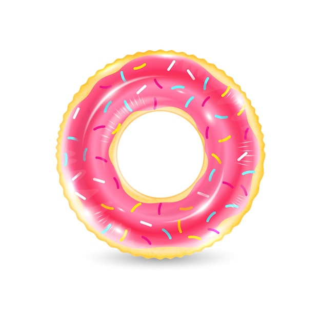 Anillo de natación inflable realista que parece un donut aislado sobre fondo blanco.