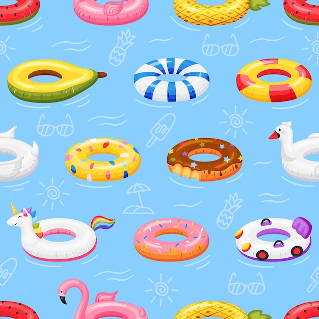 Anillo de natación de patrones sin fisuras juguetes inflables para piscina flotando en el agua flamingo unicorn donut textura