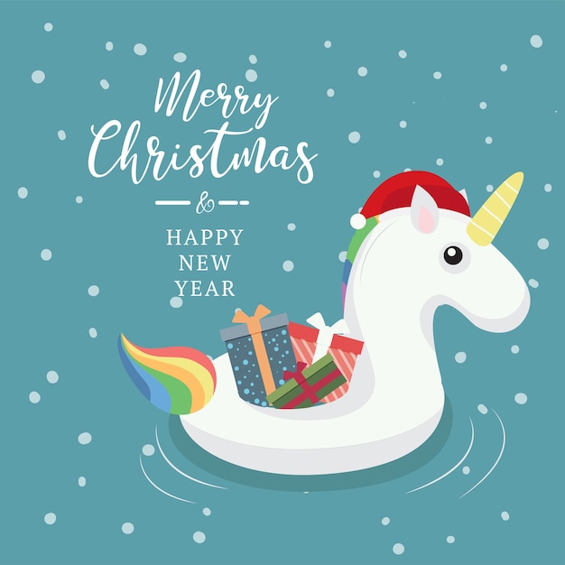 Vector anillo de natación unicornio con fondo de navidad.