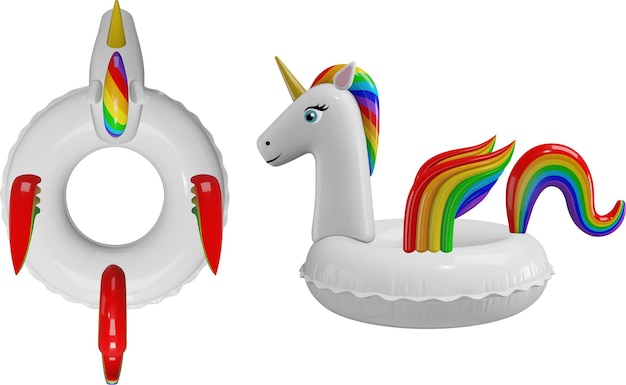 Anillo de natación de unicornio Ilustración 3D Ilustración infaltable de unicorno Ilustración realista Vista superior y lateral