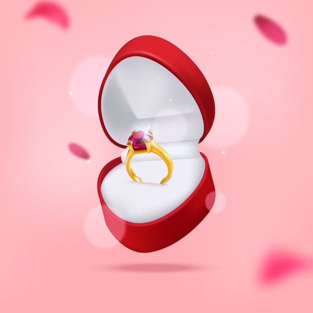 Anillo romántico de rubí en una caja de corazón rojo